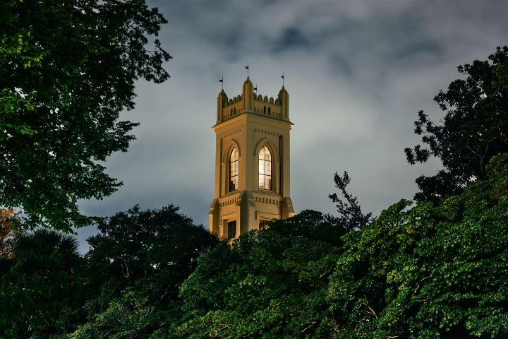 Illuminated tower at night surrounded by trees under a cloudy sky.