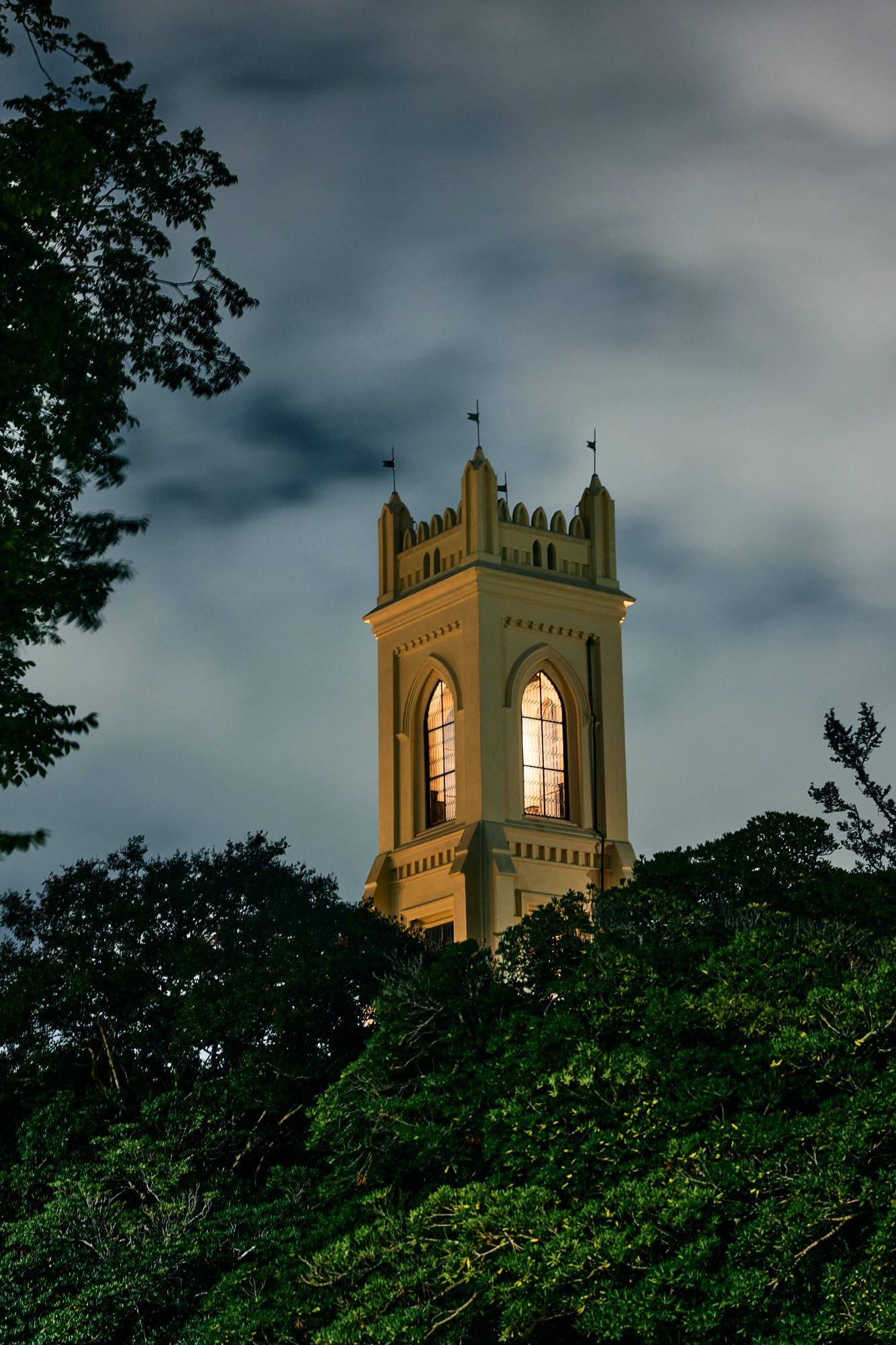 Illuminated tower rising above trees at night under cloudy sky.
